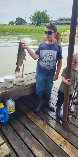 Close-up of treble hook dipped in catfish punch bait, ready for casting