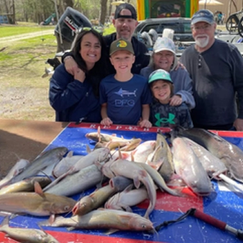 family catfishing success using punch bait with multiple channel catfish and blue catfish catch